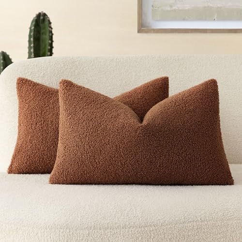 Image of Foindtower Pack of 2, Curly Faux Fur Decorative Throw Pillow Covers Soft Fuzzy Plush Cushion Case with Zipper Cozy Pillowcase for Home Living Room Couch Bed Sofa 12 x 20 Inch,Hazel Brown