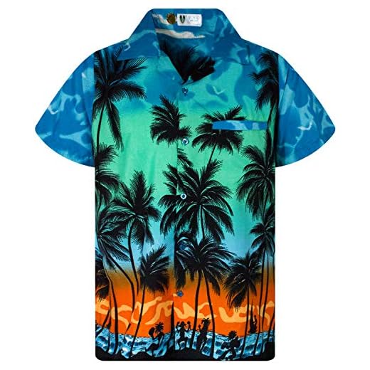 V.H.O. Funky Hawaii-blus, Hawaii-skjorta, kortärmad med framficka, Hawaii-tryck med strand och palmer, i olika färger, Beach eklebord turkos, L