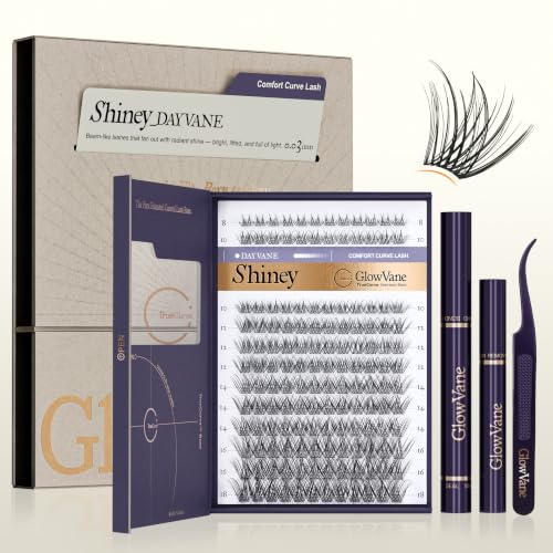 GlowVane TrueCurve Lash Clusters Kit Soft Natural Look Eyelash Clusters for All-Day Comfort 0.03mm Wispy D Curl Lashes 8-18mm Lightweight Curved Band Lashes Use-Friendly (Shiney Kit)