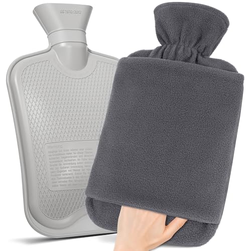 MUPAS Wärmflasche mit Vliesbezug –2L Große Auslaufsicher Bettflasche –Weicher Wärmflaschen mit Känguru Tasche +Naturkautschuk –Hot Water Bag...