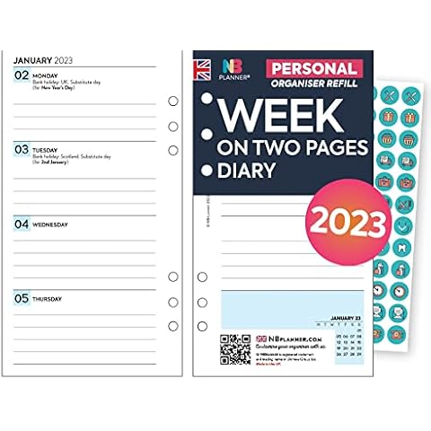 NBplanner 2023 Personal size Week on two pages lined diary organiser refill insert & stickers Filofax Personal compatible | Monday start | Monthy Weekly diary Cover