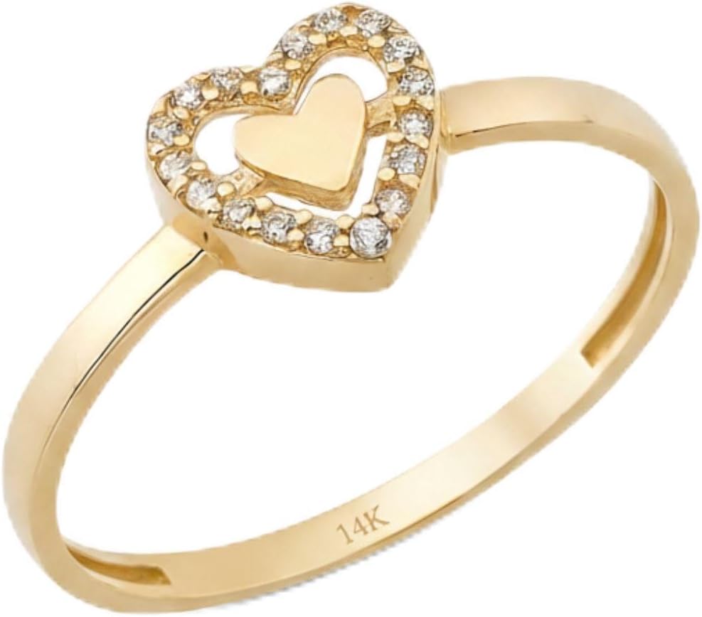 14K Real Solid Gold Ring for Women, Double Heart Ring Simulated Diamond for Engagement, Thickness 1.6 mm
