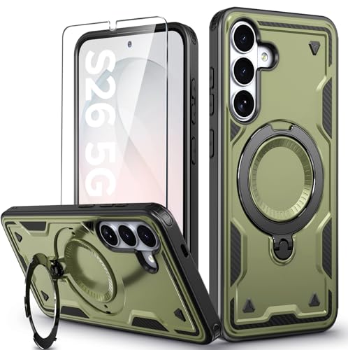 Image of for Samsung Galaxy S26 Case Magnetic with Stand, with Mag-Safe, with Screen Protector, Wireless Charging, Shockproof for Samsung S26 5G Phone Case, Ring Holder Cover for Samsung S26 Green