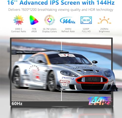 Image of 16 Inch Portable Monitor 144Hz FHD 1200P IPS, USB-C & HDMI External Screen Compatible with PS5, Xbox, Switch, Laptop PC