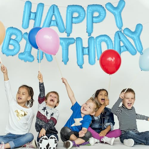 Image of Light Blue Happy Birthday Balloons Banner 16 Inch Mylar Foil Letters
