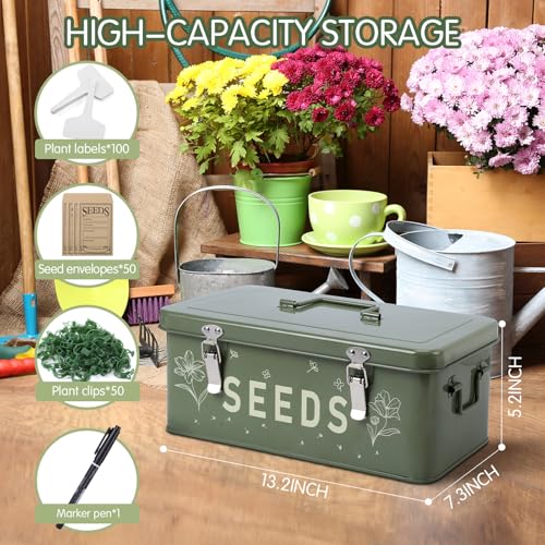 Seed Storage Organizer with Locking Lid, Metal Seed Packet Container with 4 Compartments, Includes 50 Seed Envelopes 100 Plant Labels 50 Plant Clips 1 Marker Pen, Saving Box Gift for Gardeners - Image 3