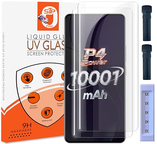 Image of STP FEEL Advanced UV Tempered Glass Screen Protector Guard Compatible For Realme P4 Power 5G (6.8 Inch, Pack of 2) Full Adhesive UV Curved Case Friendly HD Clarity with easy installation kit