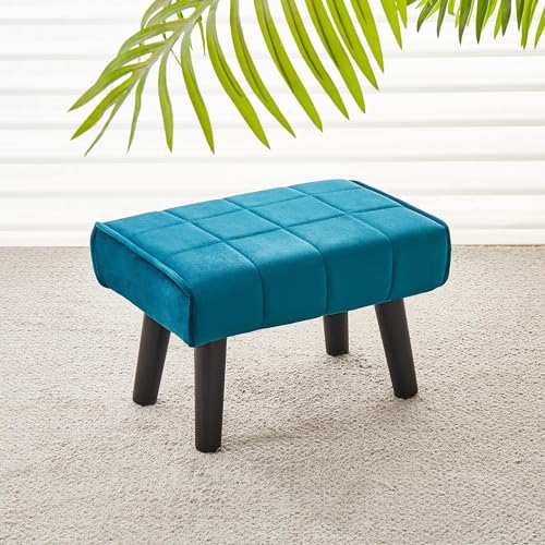 JUMBO CRAFTS Footstool Rectangle Ottoman Velvet Soft Footrest Ottoman with Wood Legs Sofa Footrest Extra Seating for Living Room Small Stool for Living Room Couch Pets - Blue