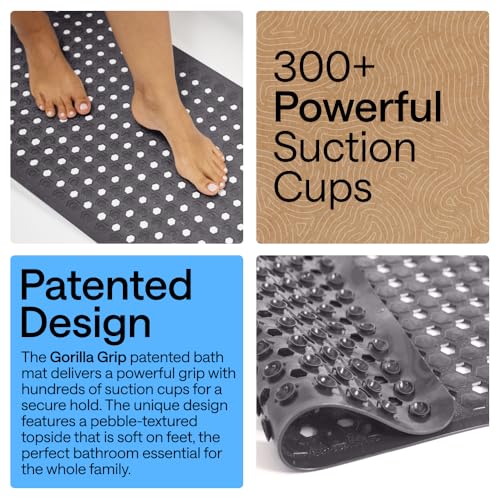 Image of GORILLA GRIP Patented Bath Tub Shower Mat, Machine Washable Bathtub Floor Liner Mats, Suction Cups and Drain Holes to Keep Tubs Clean, Soft on Feet, Bathroom Essentials, 35x16 Inch, Charcoal Opaque