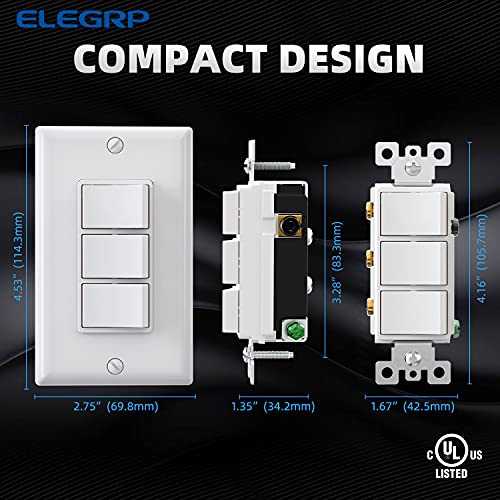 Elegrp Decorator Triple Rocker Light Switch, Electrical Three Single Pole Paddle Switch, 15A, 125V, In-Wall On/Off Switch, Self-Grounding, Wall Plate Is Included, Ul Listed (1 Pack, Glossy White) #TOP4