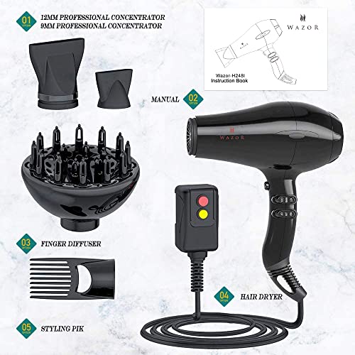 Wazor Professional Tourmaline Hair Dryer 1875W Fast Drying Blow Dryer With Concentrator & Diffuser & Pik Lightweight Ionic Hairdryer With 2 Speed And 3 Heat Setting #TOP3