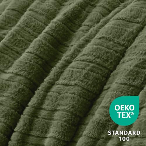 Image of BEDELITE Faux Fur Queen Comforter Set, Fluffy Bed Set, Olive Green | Super Soft & Warm, Luxury Fuzzy Cozy Comforter for Winter, Heavy Plush Bed set, with 2 Pillowcases
