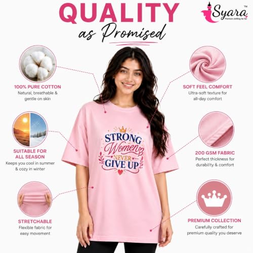 Image of SYARA Oversized Tshirt for Woman Pure Cotton Stretchable | Oversized T Shirt for Women | Premium Breathable Round Neck Half Sleeve Printed Pink Casual T-Shirt