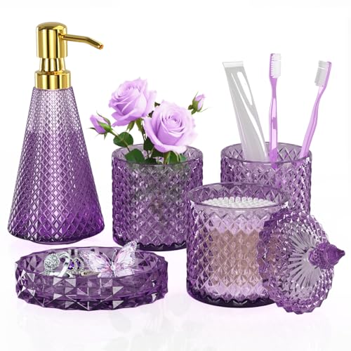 Purple Glass Bathroom Accessories Set 5 Pcs Purple Bathroom Set Soap Dispenser and Toothbrush Holder Set Qtip Holder Set Vintage Bathroom Sink Set Cute Bathroom Decor