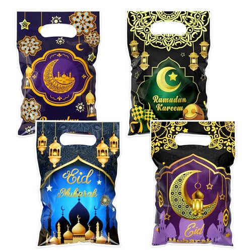 50pcs Eid Mubarak Gift Bags with Die Cut Handles 4 designs - Golden Crescent Moon Lantern Muslim Mosque Print Goodie Candy Snack Plastic Gift Bags Pouch for Eid Al-fitr Ramadan Islamic Diwali Party
