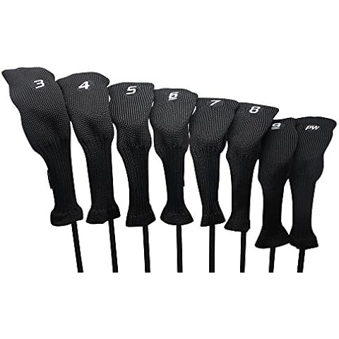 Majek All Hybrid Head Cover Golf Club Black Sleek Tight Fit Headcover Set 3-PW Acrylic Head Covers 3 4 5 6 7 8 9 PW Easy to See Large White Embroidered Numbers Cover