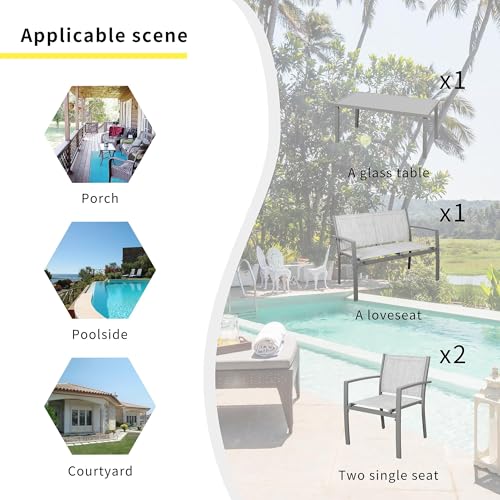 Shintenchi 4 Pieces Patio Furniture Set All Weather Textile Fabric Outdoor Conversation Set, with Glass Coffee Table, Loveseat, 2 Single Chairs for Home, Garden, Lawn, Porch（Silver）