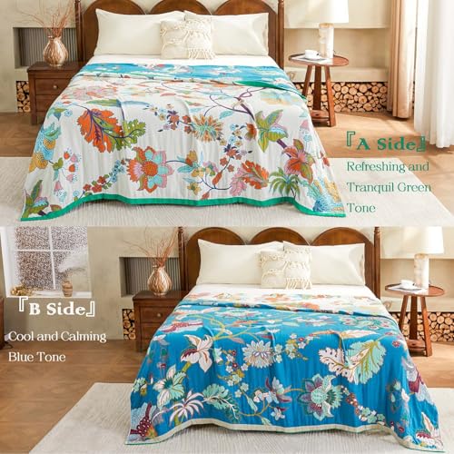 Image of XIBLC Summer Throw Blanket, 90 inchx98 inch Reversible Bohemian Flower Blanket, 100% Cotton Muslin Breathable Woven, Farmhouse Decorative Throw Blanket