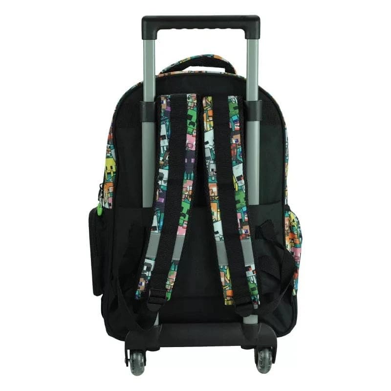 Zaino Trolley Scuola Compatibile con Minecraft camo 46 cm, Zaino con Ruote per Bambini, 3 Scomparti, Manico Telescopico, Spallacci Imbottiti, Tasche Laterali, Elementari e Medie