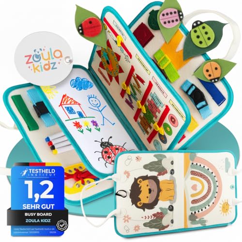 zoula kidz® Montessori Busy Board deutsch - Activity Board & Quiet Book mit 6 Seiten - sicheres & schadstofffreies Busy Book - ideales Kleinkind Spielzeug & Motorikspielzeug aus weichem Filz (Löwe)
