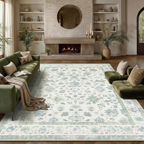 Teppich Wohnzimmer 300x400cm Waschbarer Blumenmuster kurzflor rutschfest Weich Boho Bumen Vintage Teppiche Groß für Esszimmer Schlafzimmer Bedroom L