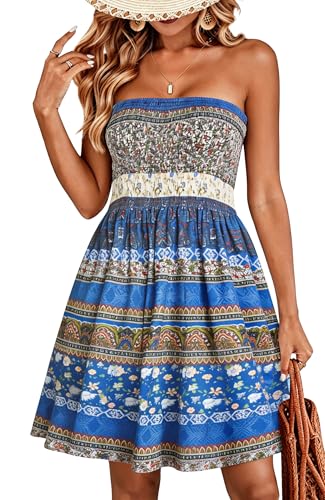 Women’s Summer Dresses Beach Cover ups Casual Vocation Strapless Boho Floral Swing Sundress (Flower Blue,XL)