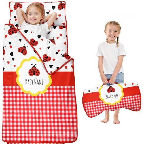 Personalized Cute Ladybug Nap Mat for Toddler Girls, Custom Name Multi-use Napping Mats for Daycare Preschool Sleepovers, Soft Breathable Kids Sleeping Bag with Pillow and Blanket Quilt