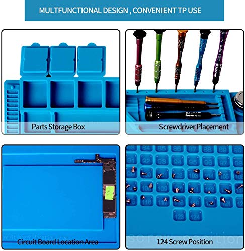 Heat Insulation Silicone Repair Mat with Screwdriver Repair Tool Set and anti-static wrist strap, Tweezer & Scraper for Soldering Iron, Phone and Computer Repair Size:17.7 x 11.8 Inches