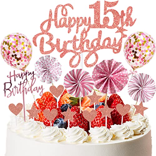 Glecxuy 15 Geburtstag Tortendeko Mädchen, Rosa Gold Kuchen Topper Happy 15th Birthday, Glitzer Cake Topper mit Konfetti Luftballons und Papierfächer für 15. Geburtstag Party Dekoration Cover