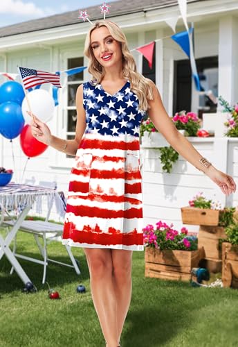 Image of Deerose Womens July 4th Sleeveless Dress American Flag Swim Cover Up Dress with Pockets