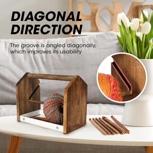 Image of J JACKCUBE DESIGN Wooden Yarn Holder with Storage Tray and 12 Crochet Hooks, Anti-Slip Yarn Dispenser for Knitting & Crochet, Portable Organizer for Craft Supplies(White) - MK1310B