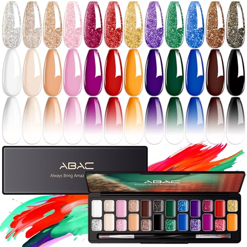 ABAC 24 Color Solid Gel Nail Polish Ombre Gel Nail Polish Pat Paint Nail Gel- Hema-Free No-Spill Formula w/Pro Brush Christmas NYE Party Nails DIY Gift Set Clump-Free Shimmer