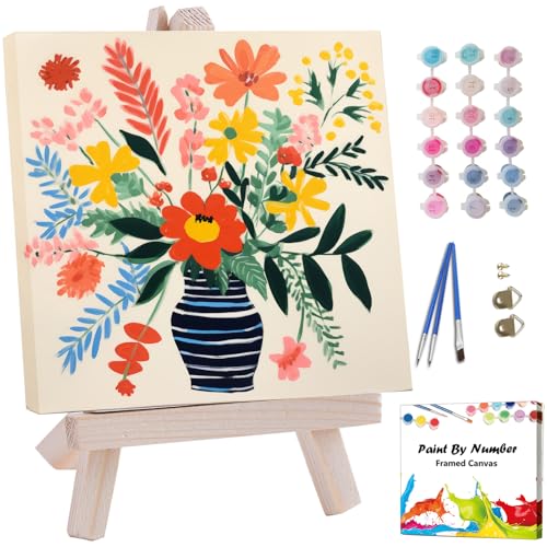 Artunion Framed Paint by Numbers Kit for Adults Beginners & Kids Ages 8-12,Watercolor Flowers Paint by Number with Frame, Floral Abstract Paint by Numbers Kit on Canvas 10 * 10 Inch Without Easel