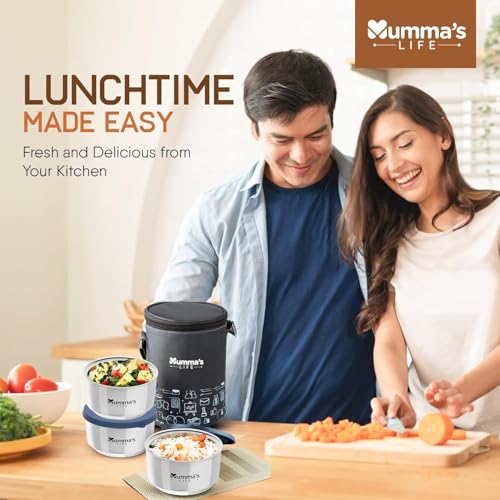 Image of Mumma's LIFE Stainless Steel Lunch Box with 3 Leakproof Air-Tight Stainless Steel Round Containers and Cover Bag | Stainless Steel & Spill Proof Lunch Box (Kuku 600mlx2 & 425x1)