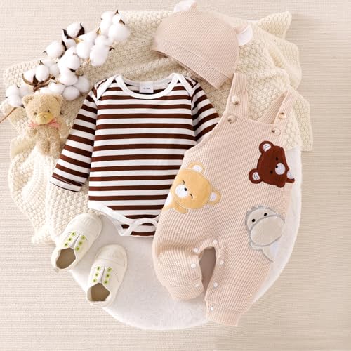 Baby Boy Clothes Newborn Striped Romper Fall Outfits + Infant Cartoon Suspender Overall + Cute Hat 3 Pcs 0-18 Months - Image 3
