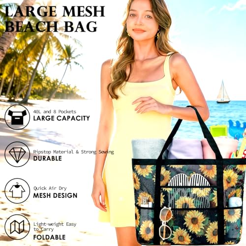 Image of Fammart Mesh Beach Bag for Women, Large Beach Toy Pool Bag with Zipper Pocket, SandProof Cruise Essentials 2026 Family Travel