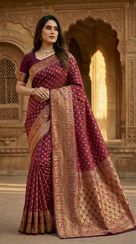 Image of C J Enterprise Women's Pure Soft Silk Saree With Blouse Piece For Wedding (Priya)