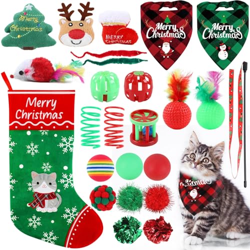 24Pcs Christmas Cat Stocking Toys Interactive Cat Toys Christmas Countdown Christmas Kitten Gift Set Christmas Hanging Stocking Xmas Cat Stocking Toy with Bibs Deer Bell Balls Xmas Tree Teaser for Cat