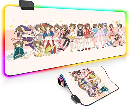 Gaming Mouse Pads Magic Wand Kawaii Pink RGB Mouse Pad,Anime Cute Moon Girl Large LED Mousepad with 14 Lighting Modes Anti-Slip Rubber Base,11.8inX27.8in