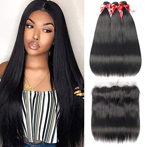 Brazilian Straight Hair 3 Bundles With Frontal Closure(22 24 26+20Frontal) 13x4 Ear to Ear Lace Frontal Closure With Bundles Unprocessed Virgin Human Hair Bundles With Frontal Natural Color