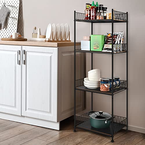 Smusei 4 Tier Open Shelving Units Freestanding Kitchen Storage Rack Standing Kitchen Rack Organizer Large Capacity With Metal Wire Fence Wood Look Board For Small Spaces, Living Room, Black #TOP4