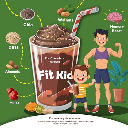 Image of Growfitz FitKid | Natural Healthy Everyday Meal for Kids 2-18 | Supports Bone Strength, Immunity, Brain Development | No Sugar, Only Jaggery | 6.3g Protein | Almonds, Walnut, Ragi, Bajra (Chocolate) (Pack of 4, Chocolate)