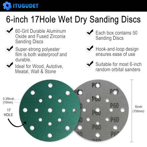 Image of 6-Inch 17-Hole 60 Grit Zirconia Alumina Hook & Loop Sanding Discs, Heavy-Duty Polyester Film Backing, Wet /Dry Anti-Clog for Random Orbital Sanders - Wood, Automotive, Metal - 50 Pack