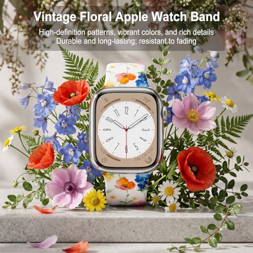 Image of Floral Band Compatible with Apple Watch Bands for Women 40mm 42mm 41mm 38mm 44mm 45mm 46mm 49mm, Cute Pattern Flower Soft Silicone Sport Strap for iWatch Series Ultra 11 10 SE 9 8 7 6 5 4 3 2
