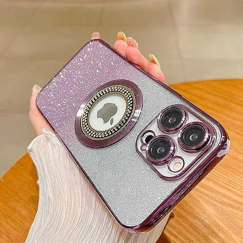 Image of Misscase for iPhone 15 Pro Max Magnetic Glitter Case Compatible with MagSafe,Full Protection Slim Shockproof Anti-Scratch Case with Camera Lens Protector Logo View Dust-Proof Net for Women Purple