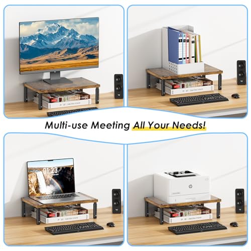 Image of ECOLOVI Adjustable Wood Computer Monitor Stand Riser, Office Desk Organizer and Accessories for Monitor, Laptop, PC, Printer, Office Desk Accessories Workspace Organizer for Home Office Supplies, Brown