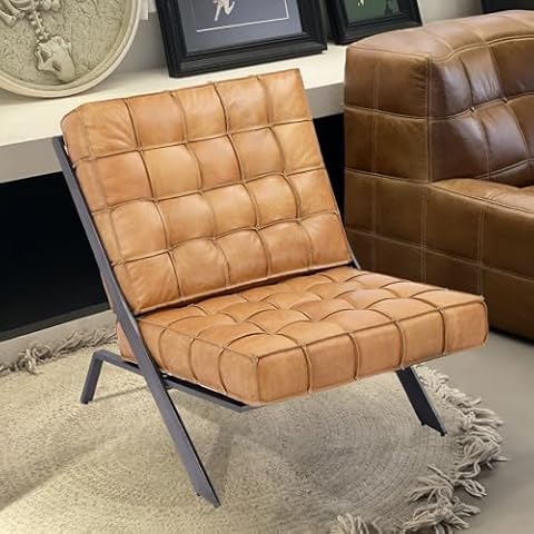 Way2Furn 26" Wide Genuine Leather Accent Chair, Top Grain Leather Lounge Chair, Metal Frame Chaise Lounge for Living Room/Office/Home Office Cover