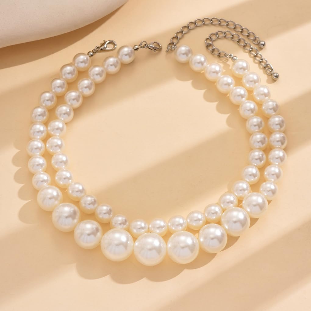 Layered Big Pearl Choker Necklaces for Women Fashion Adjustable Faux Pearls Necklaces Chunky White Large Beaded Necklace Jewelry Accessories - Image 7