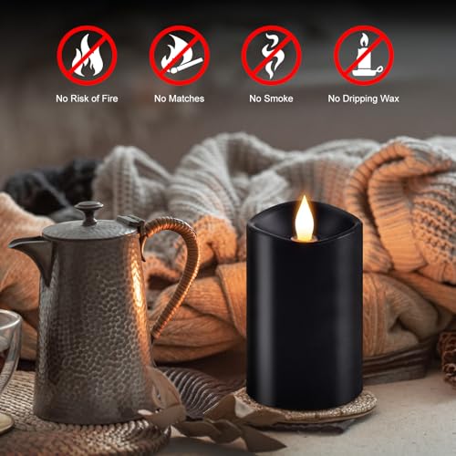 Image of 1PCS, 3 x 5 inches Flameless Candle with Remote Control, 3D Flickering Wick, Real Wax Pillar LED Candles, Battery Candles,with Timer,for Holiday Home Decor, Black