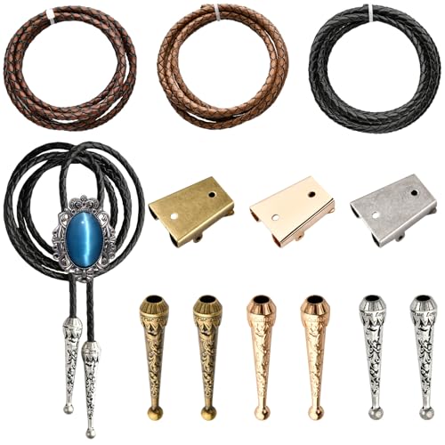 Aemygo 3 Set Bolo Tie Making Kit Bolo Tie Findings Replacement Kit 4mm Braided Leather Cord with Alloy Cord Ends and Bolo Tie Slide Clasp